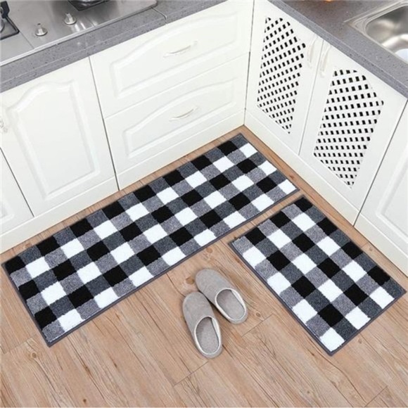 2 Pieces Buffalo Plaid Check Rug Set Water Absorb Microfiber NonSlip Kitchen Rug - Picture 1 of 7